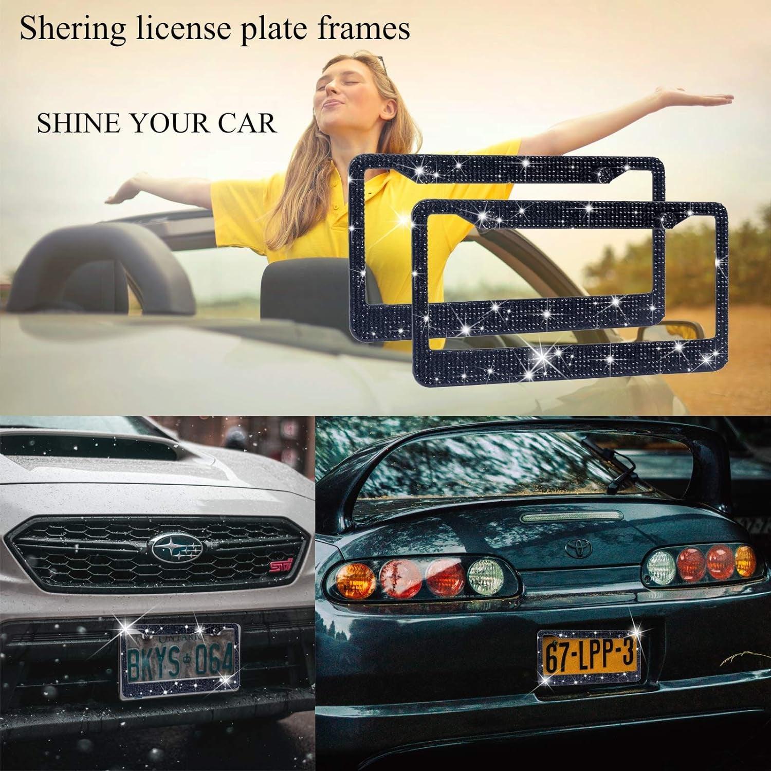 Bling 2 Pack License Plate Frame with Premium Gift Box 1200Pcs Rhinestones for Women (Black Rhinestones) - Oliver Autosports