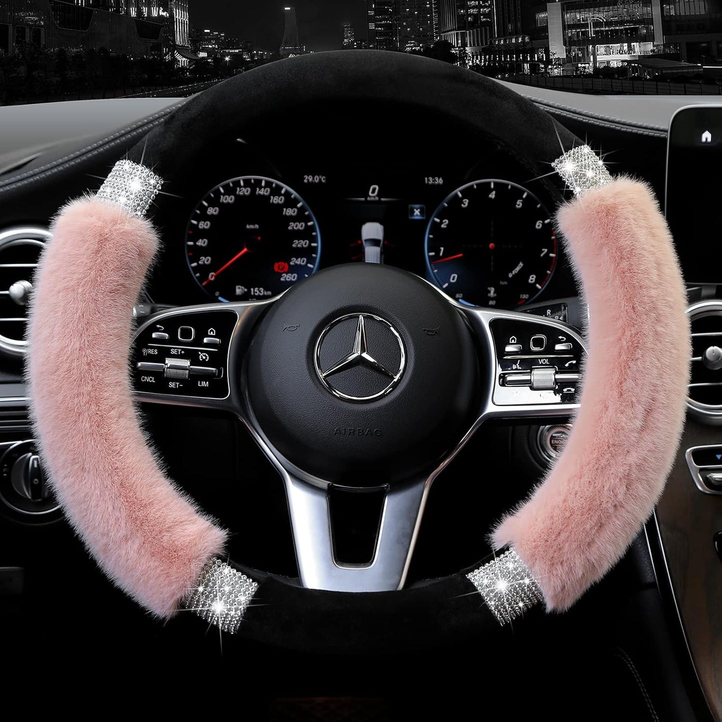 Rhinestone Fluffy Steering Wheel Cover - Comfortable Non-Slip Luxury Faux Wool, Universal Fit for 14.5" to 15" Steering Wheels - Oliver Autosports