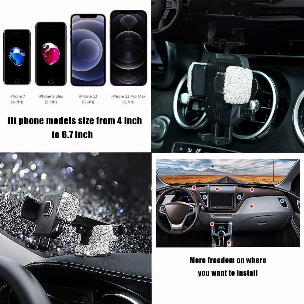 Bling Car Phone Mount Holder,Shiny Crystal Rhinestone Phone Stand for Women and Girls, Car Accessories for Windshield Dashboard,Compatible with Most Cellphones (White) - Oliver Autosports