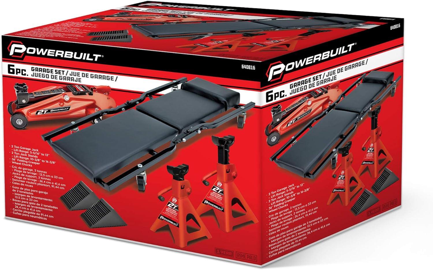 Powerbuilt 6 Piece Car Jack and Garage Creeper Service Set, 2 Ton Vehicle Lift, Jackstands, Folding Creeper, Wheel Chocks, Car Repair Garage Equipment - 640816, Large, Red - Oliver Autosports