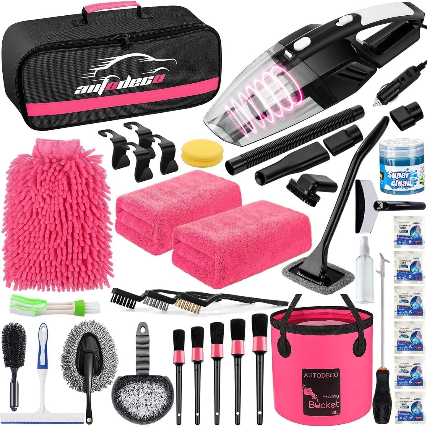 41Pcs Car Cleaning Wash Kit Interior Detailing Cleaner Kit with High Power Handheld Vacuum, Collapsible Bucket, Windshield Tool, Gel, Snow Shovel, Tire Brush, Complete Car Care Tools, Black - Oliver Autosports