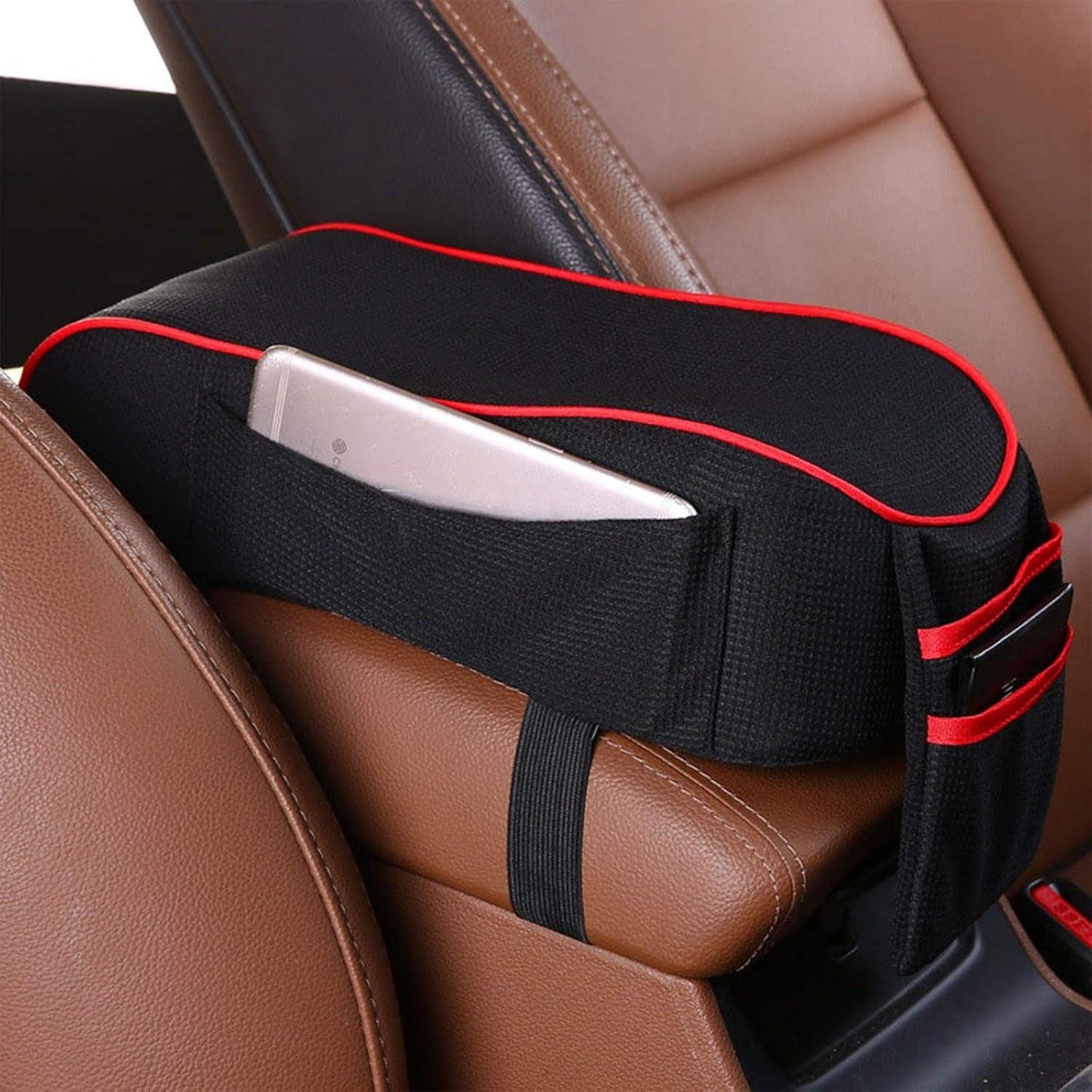 Auto Center Console Armrest Pillow Pad, Car Armrest Cushion Soft Memory Foam with Phone Holder Storage, Pockets Bag Seat Cushion Universal Fit for Most Car (Black & Red) - Oliver Autosports