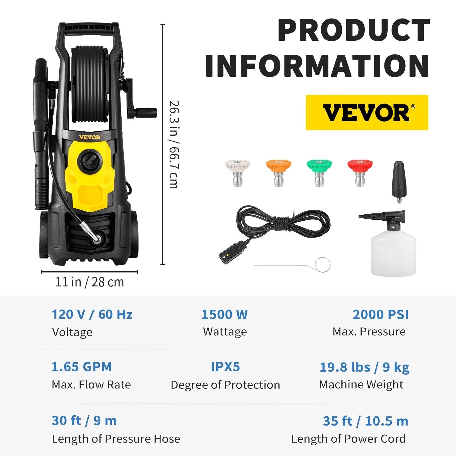 VEVOR Electric Pressure Washer, 2000 PSI, Max 1.65 GPM Power Washer W/ 30 Ft Hose & Reel, 5 Quick Connect Nozzles, Foam Cannon, Portable to Clean Patios, Cars, Fences, Driveways, ETL Listed - Oliver Autosports