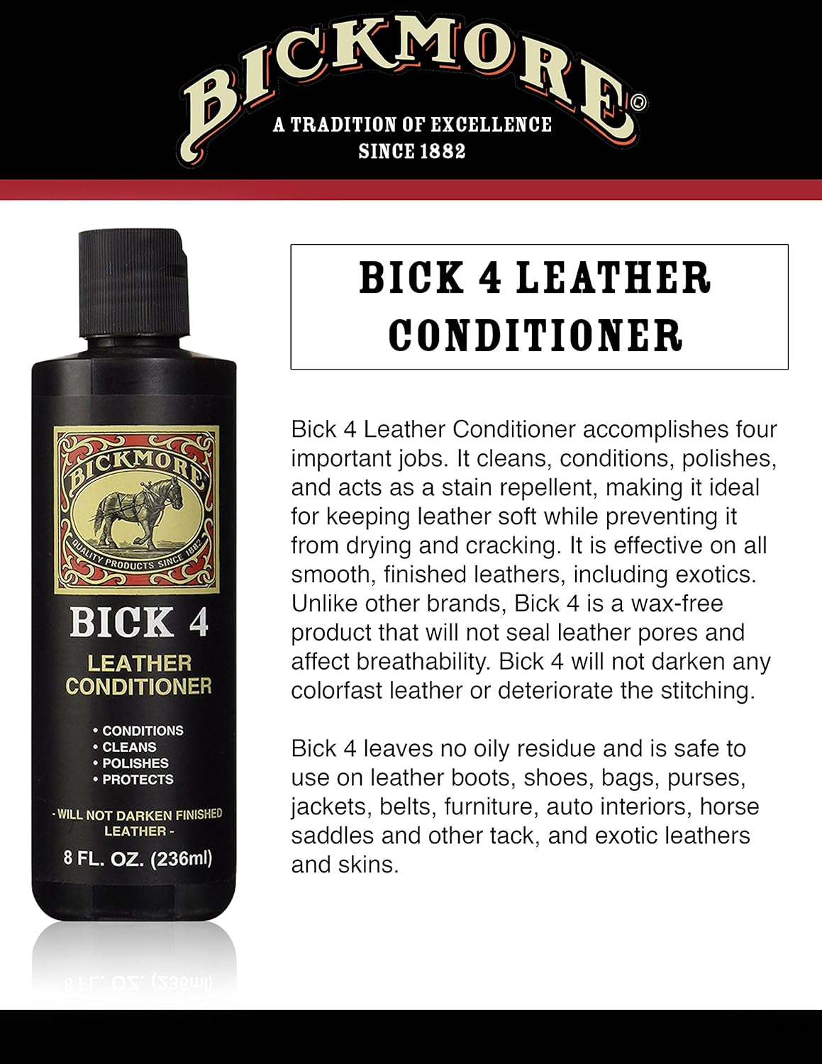 Bick 4 Leather Conditioner and Leather Cleaner 8 Oz - Will Not Darken Leather - Safe for All Colors of Leather Apparel, Furniture, Jackets, Shoes, Auto Interiors, Bags & All Other Leather Accessories - Oliver Autosports