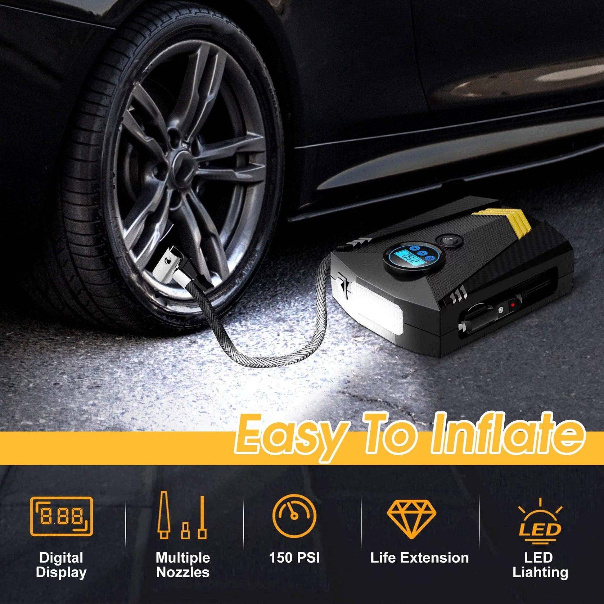 Tire Inflator, Portable Air Compressor for Car, Auto Air Pump with LED Light Gauge 12V DC, 150PSI Tire Pump Electric Air Pump Tire Inflator for Car, Bicycle, Motorcycle,Balls,Balloons, Black - Oliver Autosports