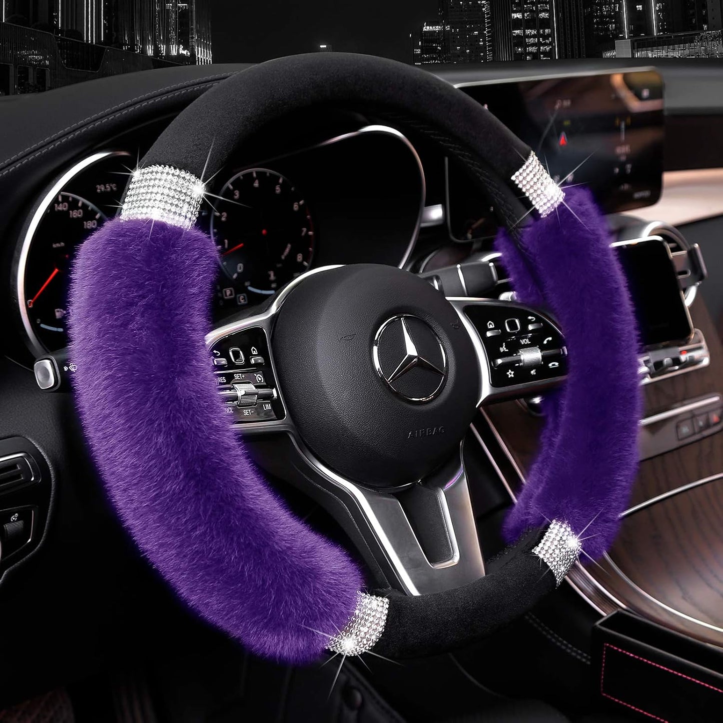 Rhinestone Fluffy Steering Wheel Cover - Comfortable Non-Slip Luxury Faux Wool, Universal Fit for 14.5" to 15" Steering Wheels - Oliver Autosports