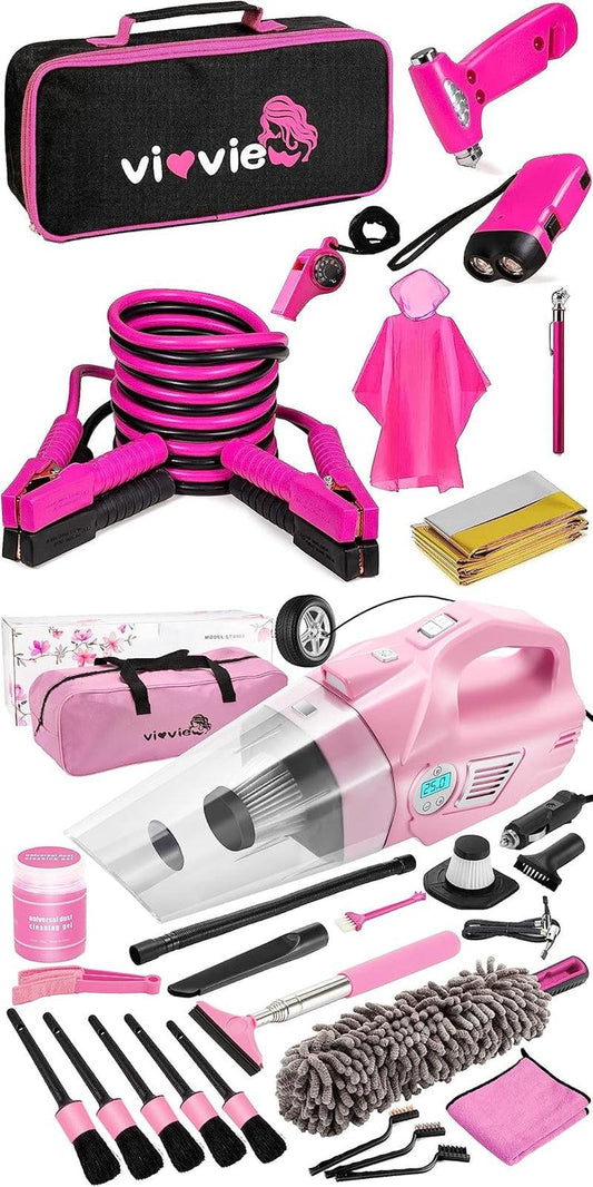 Pink Car Cleaning Kit and Roadside Emergency Car Kit, 21PCS Car Detailing Kit Interior Cleaner with 4-In-1 Handheld Car Vacuum Cleaner, Pink Car Emergency Kit with Jumper Cables - Oliver Autosports